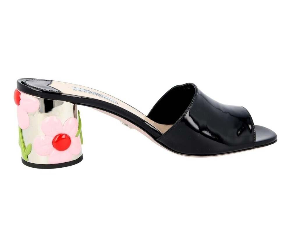 PRADA Milano Black Patent Leather Block Heel Slide Pump Sandals Mules 38.5 / 8.5